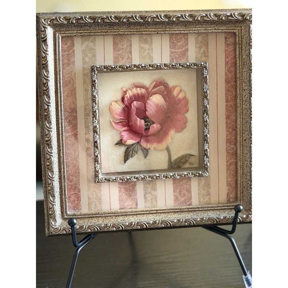Viv Bowles Poppy Relief Framed Floral Art 7x7 Ornate Shadow Box Cottage Decor